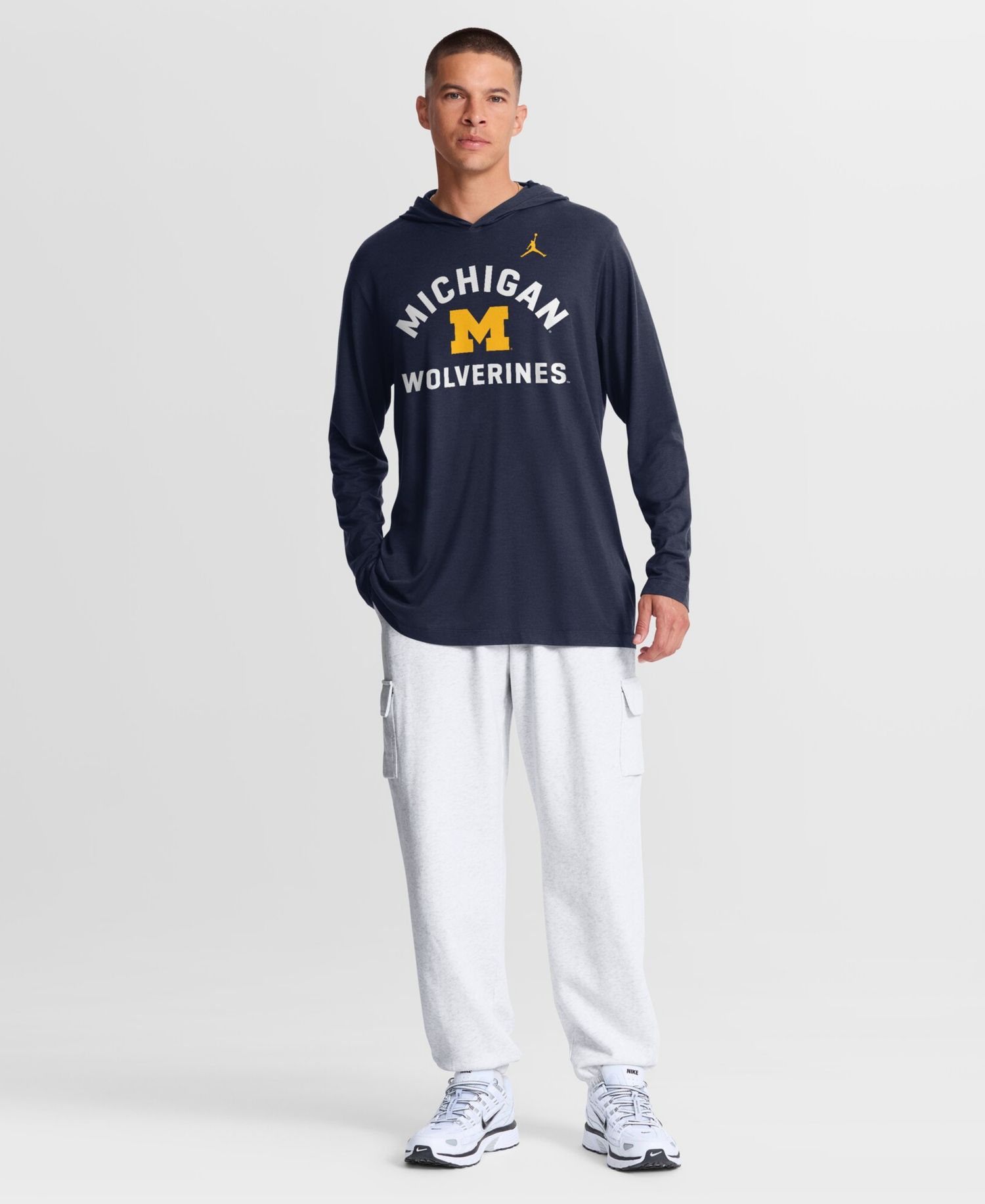 Men's Navy Michigan Wolverines Primetime Arch Tri-Blend Dri-FIT Long Sleeve Hooded T-Shirt