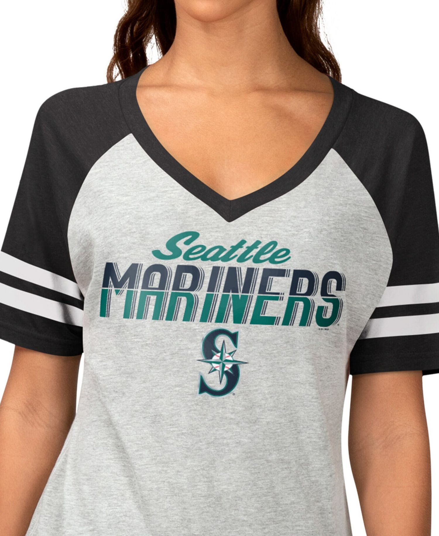 Women's Heather Gray Seattle Mariners Goal Line Raglan V-Neck T-Shirt