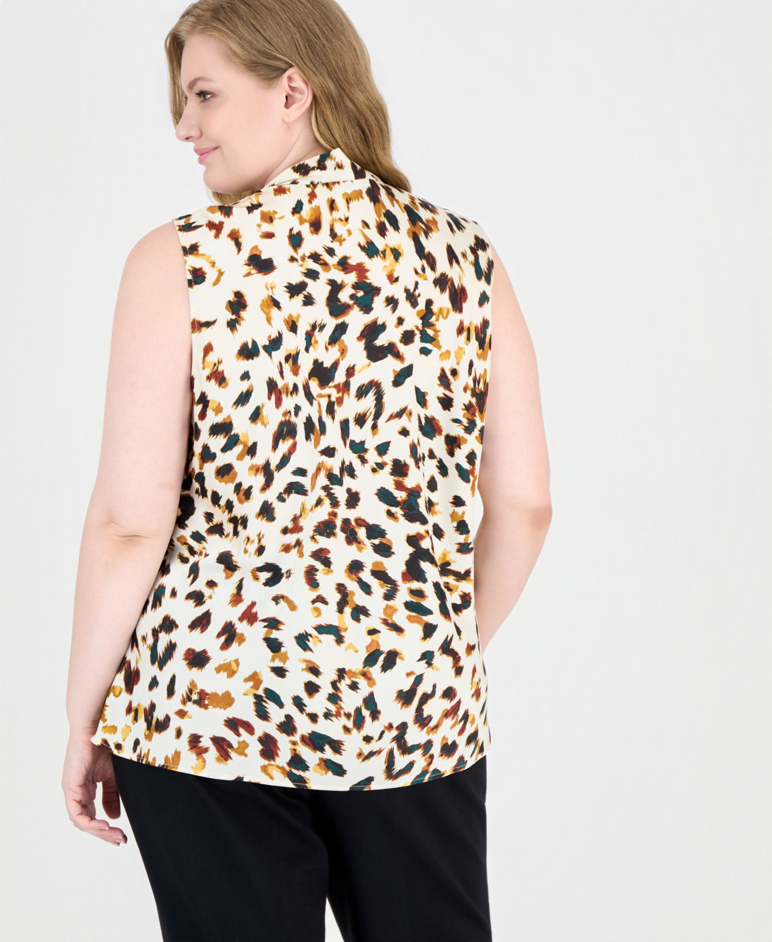 Plus Size Tie Front Animal-Print Sleeveless Blouse
