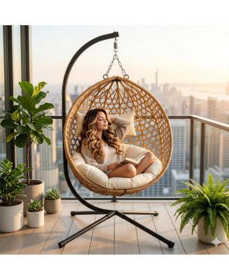 Folding PE Rattan Outdoor Hanging Egg Chair with Stand, Patio Hammock Swing Chair