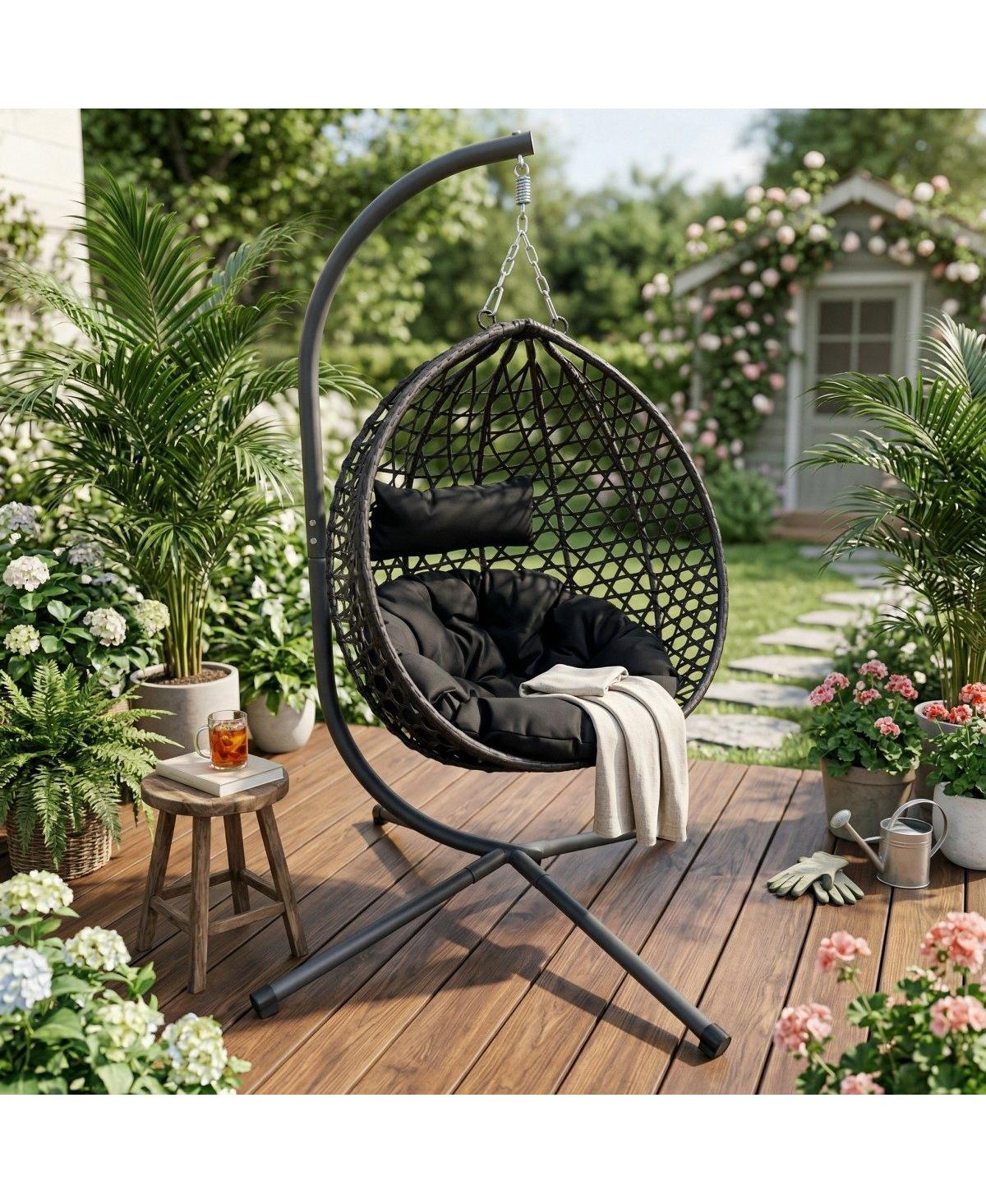 Asagikoiai Folding Pe Rattan Outdoor Hanging Egg Chair with Stand, Patio Hammock Swing Chair