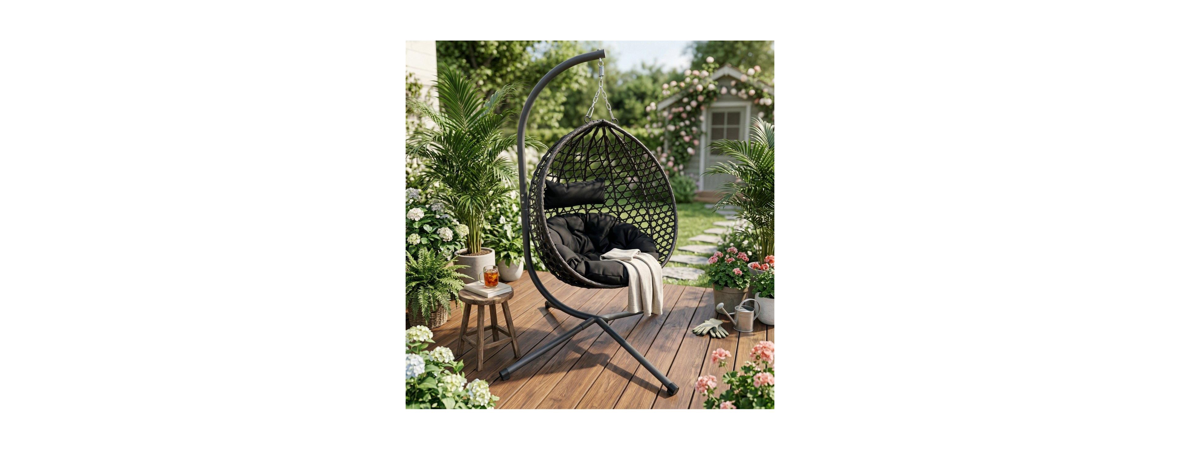 Asagikoiai Folding Pe Rattan Outdoor Hanging Egg Chair with Stand, Patio Hammock Swing Chair