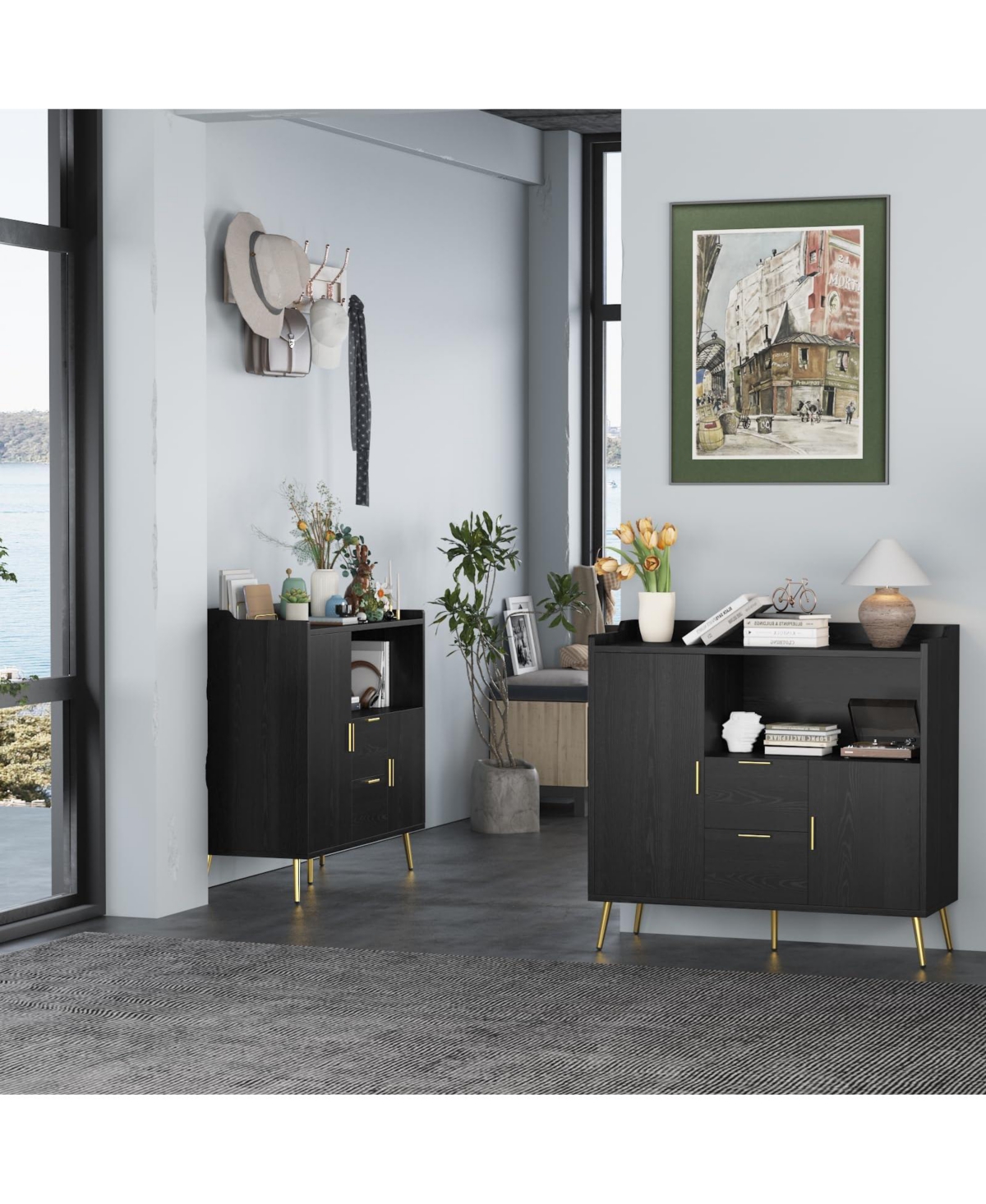 homfan Buffet Cabinet with Storage and Drawers Wood Sideboard with Doors for Dining Room, Living Room, Entryway