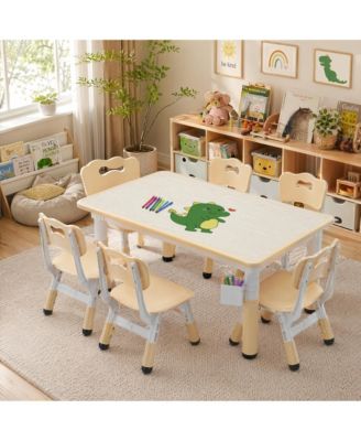 Kids Table and 6 Chairs Set, Height Adjustable Toddler Set, Graffiti Desktop, Study Table for 6 for Home Daycare Preschool Ages 2-10