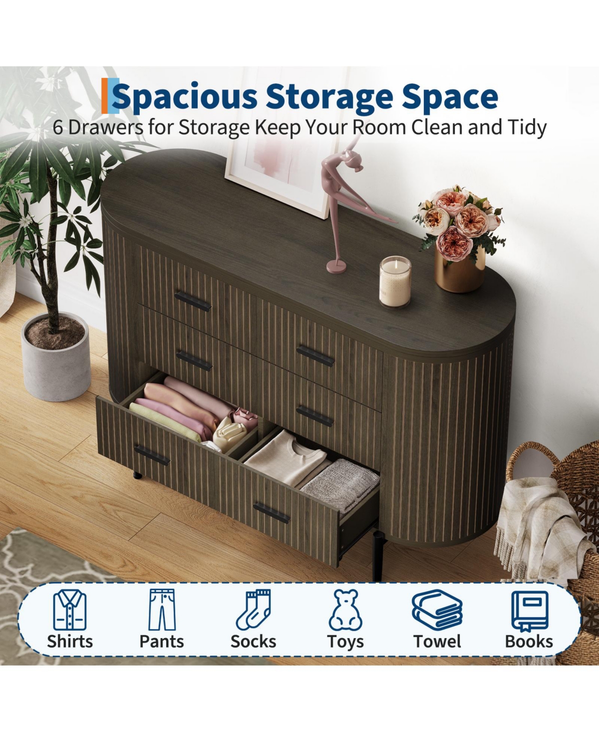 homfan Fluted 6 Drawer Dresser with Handles and Curved Profile for Bedroom Closet, Living Room, Entryway