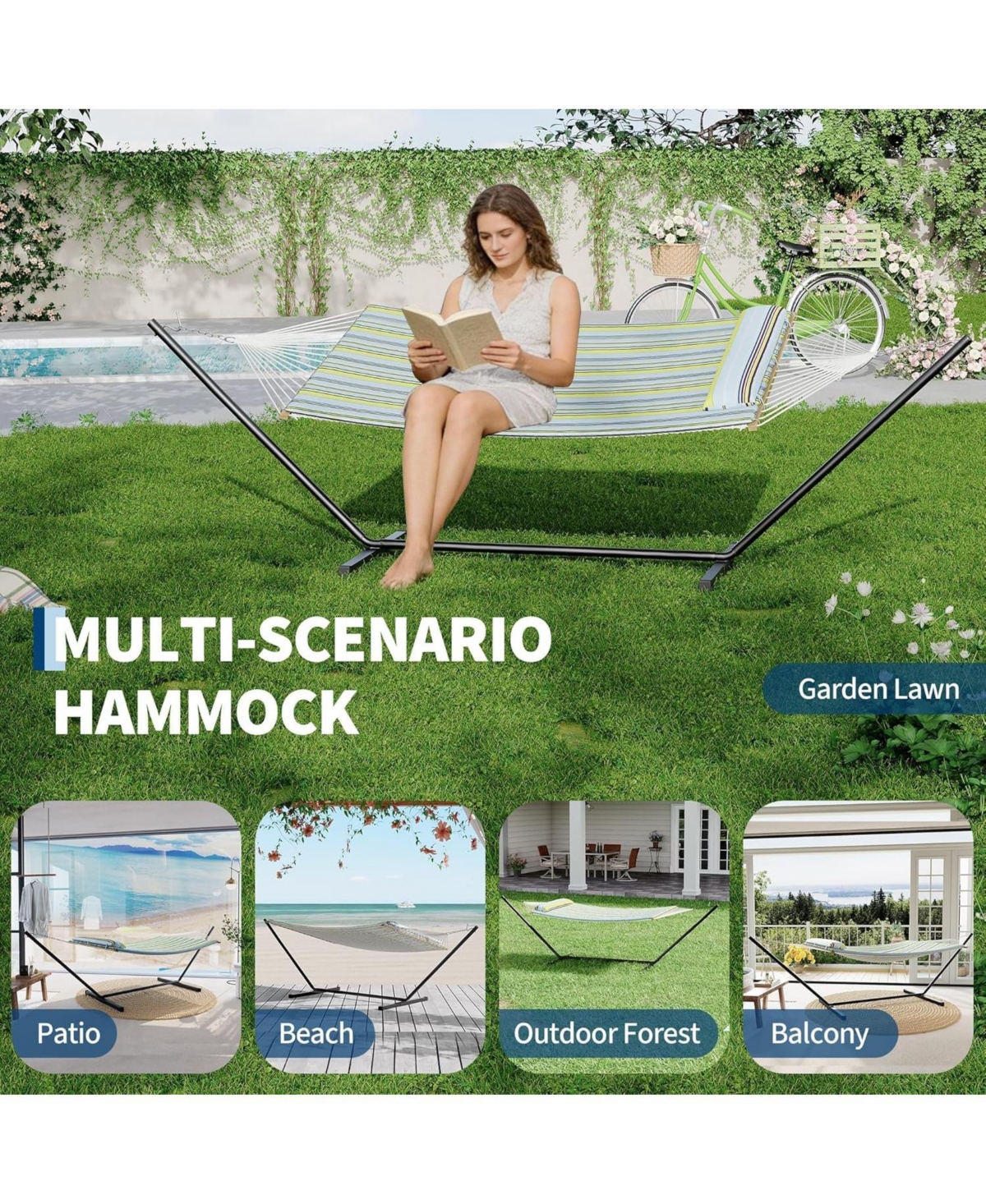 gaomon Double Hammock with Stand – 2-Person Cotton Rope Hammock with Polyester Quilted Pad and Pillow, 475 Lbs Capacity Portable Hammock for Garden
