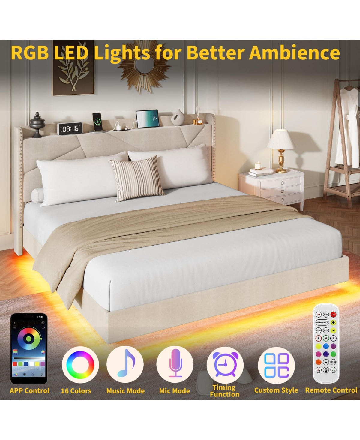 homfan Modern Floating Bed with Led Lights, Charging Station, Upholstered Platform, Storage Headboard, Metal Slats, No Box Spring Needed