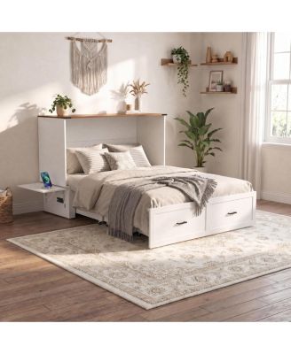 Murphy Chest Bed with Drawer and Charging Station, Farmhouse Space Saving Hidden Folding Bed, Storage Cabinet Bed for Bedroom Office