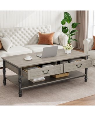 41" Rustic Rectangle Coffee Table with 2 Drawers and Open Shelf, Mid Century Retro Cocktail Table with Storage