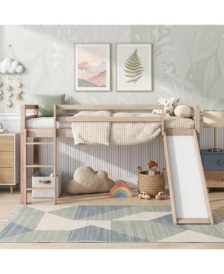 Twin Low Loft Bed with Slide, Ladder, Safety Guardrails, Rubber Wood Twin Loft Bed