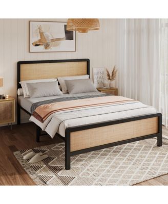 Bed Frame with Storage Space Under The Bed, Bed Frame with Rattan Headboard and Footboard, Sturdy Platform Bed Frame, No Box Spring Needed