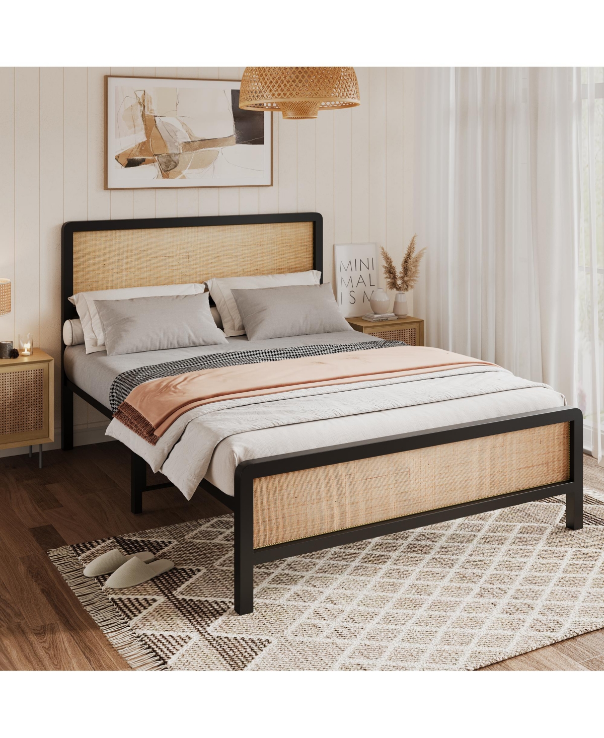 homfan Bed Frame with Storage Space Under The Bed, Bed Frame with Rattan Headboard and Footboard, Sturdy Platform Bed Frame, No Box Spring Needed
