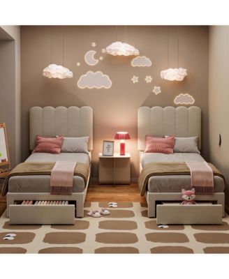 2 Sets Twin Bed Frame with Under Bed Drawer, Upholstered Platform Bed with Wave Headboard for Kids, Wooden Slats Support, No Box Spring Needed