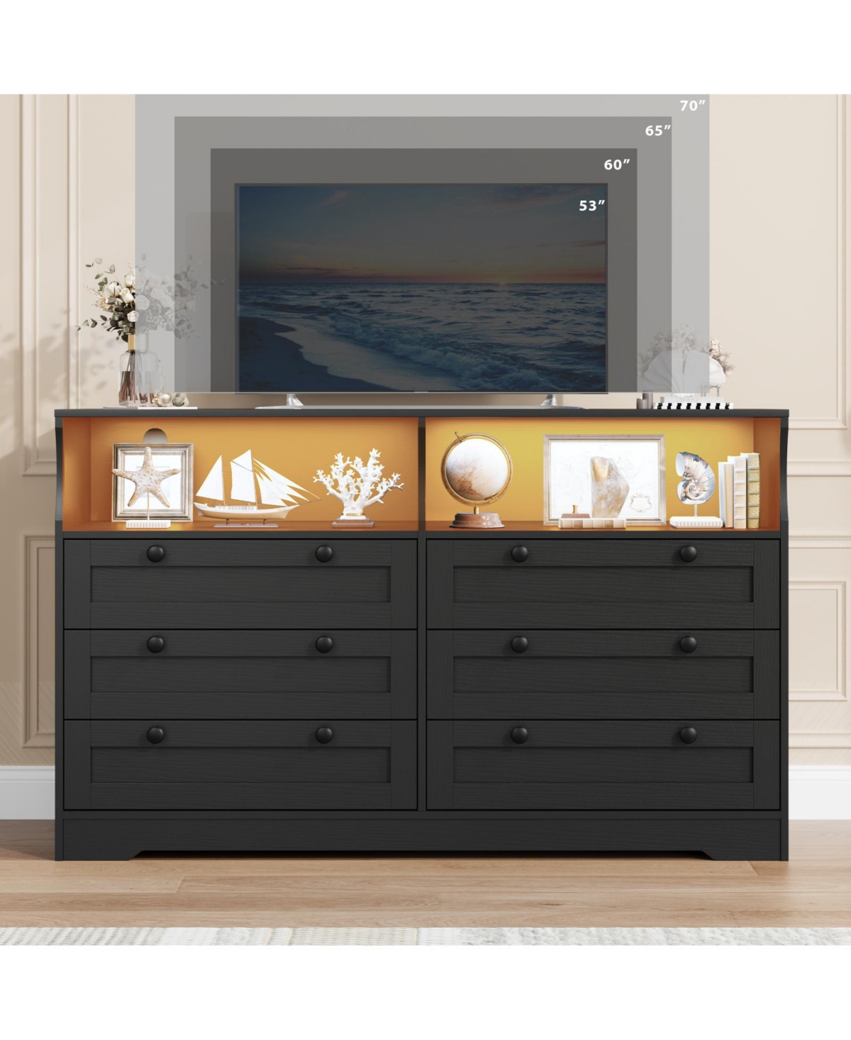 homfan Modern 6 Drawer Dresser with Led Lights and Power Outlet, Wooden Entryway Storage Cabinet Tv Stand, Spacious Organizer for Bedroom