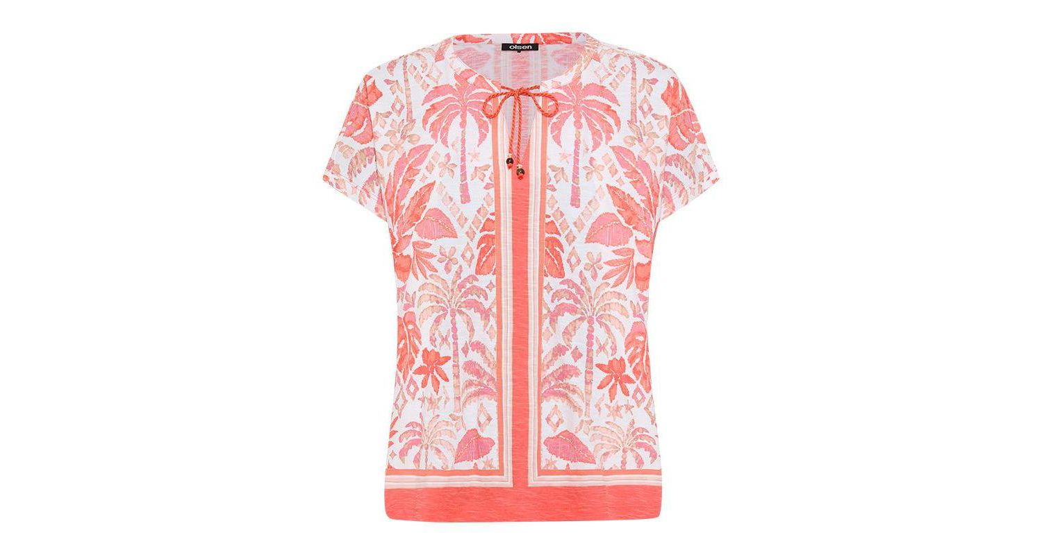 Women's Ornamental Botanic Print Split Neck T-Shirt