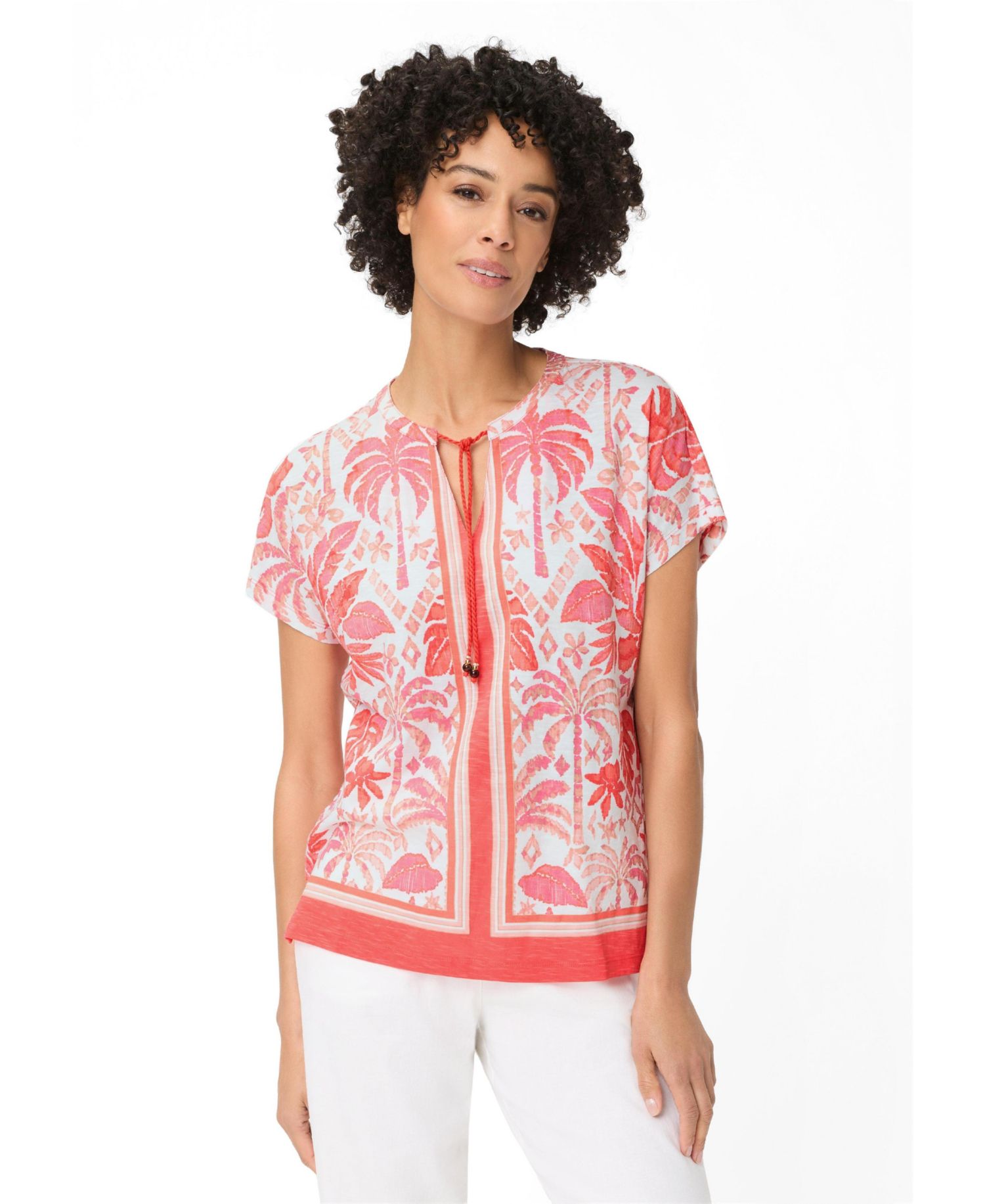 Women's Ornamental Botanic Print Split Neck T-Shirt