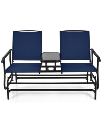 Double Rocking Patio Loveseat with Tempered Glass Table and Mesh Fabric