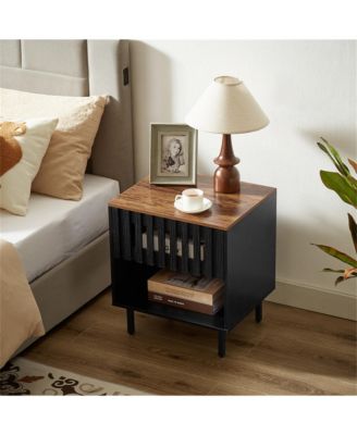 2 Set Nightstands with Grille Striped Doors, Bedside Table with Slatted Drawer Decor, Metal Legs