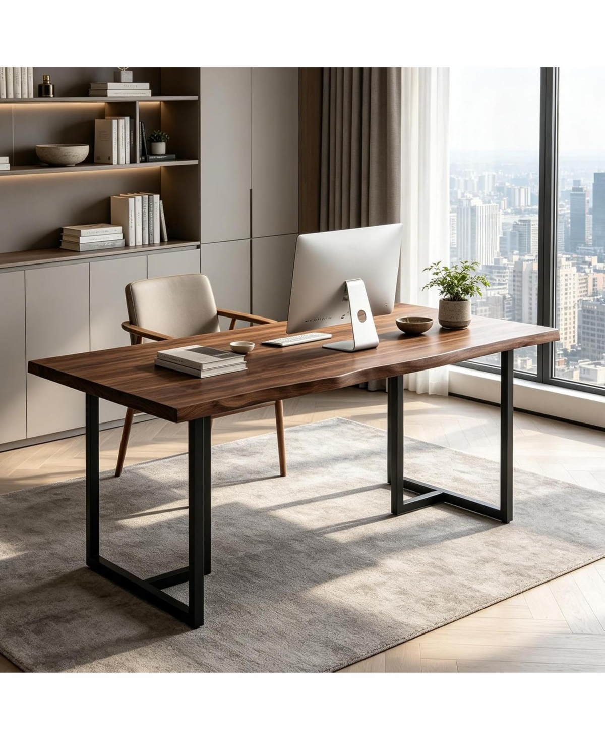 Tribesigns 63" Home Office Desk:Solid wood writing desk with edge.Heavy duty industrial desk with U-shaped metal frame.Large computer workstation