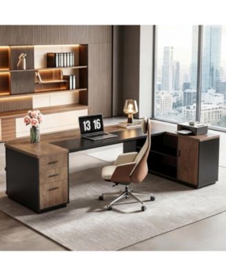 86.6" L-Shaped Executive Desk: Large computer desk with drawers and storage cabinet. Modern workstation for home office