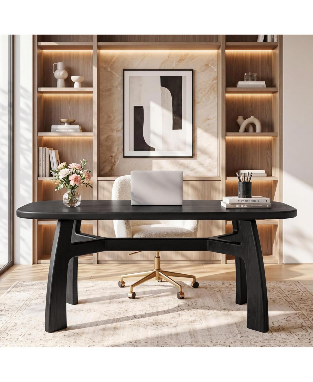 Tribesigns 63" Computer Desk: Solid wood with boat-shaped top and H-shaped legs. Modern executive table for home office. Ample legroom