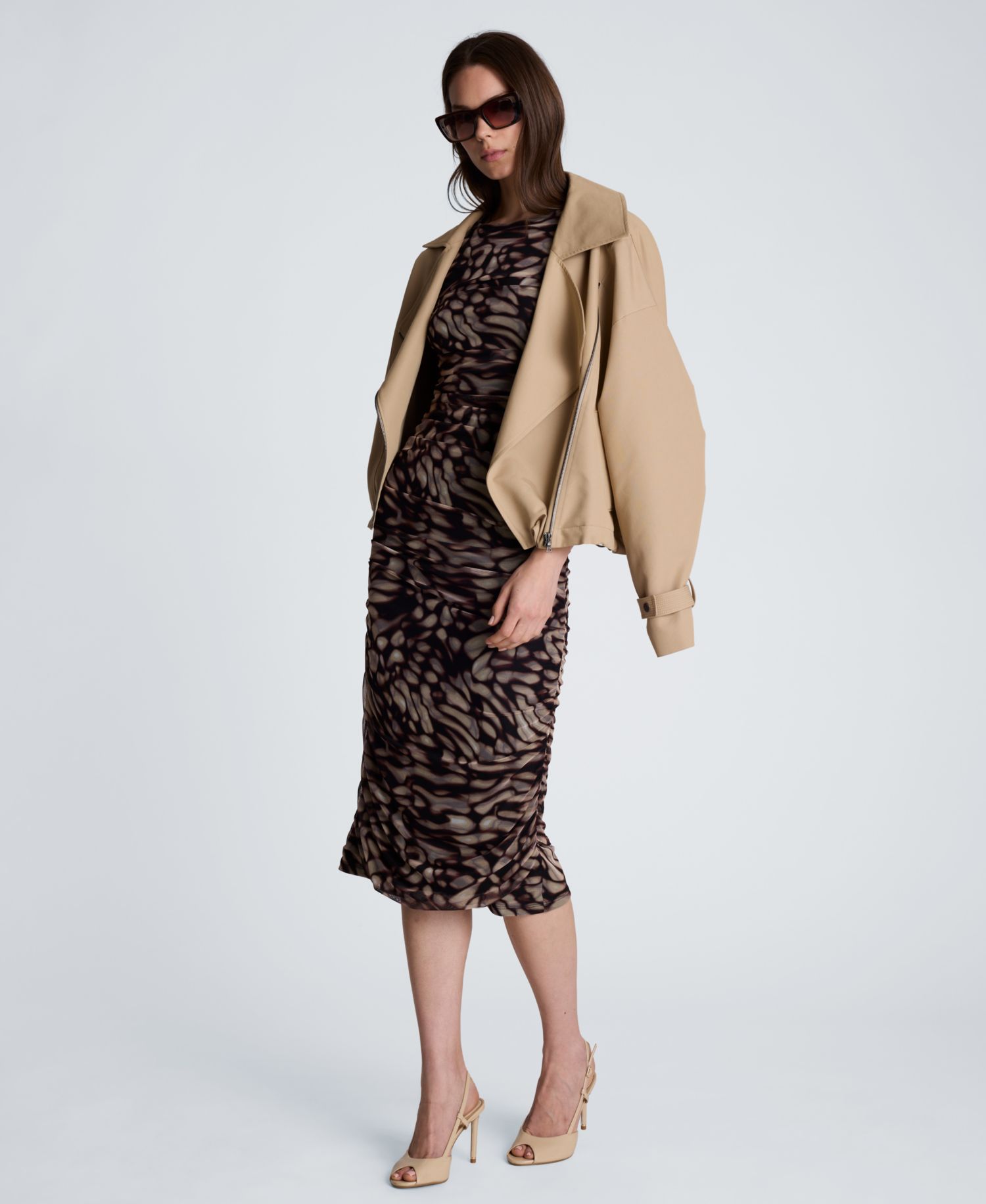 Women's Fully Ruched Printed Mesh Midi Dress