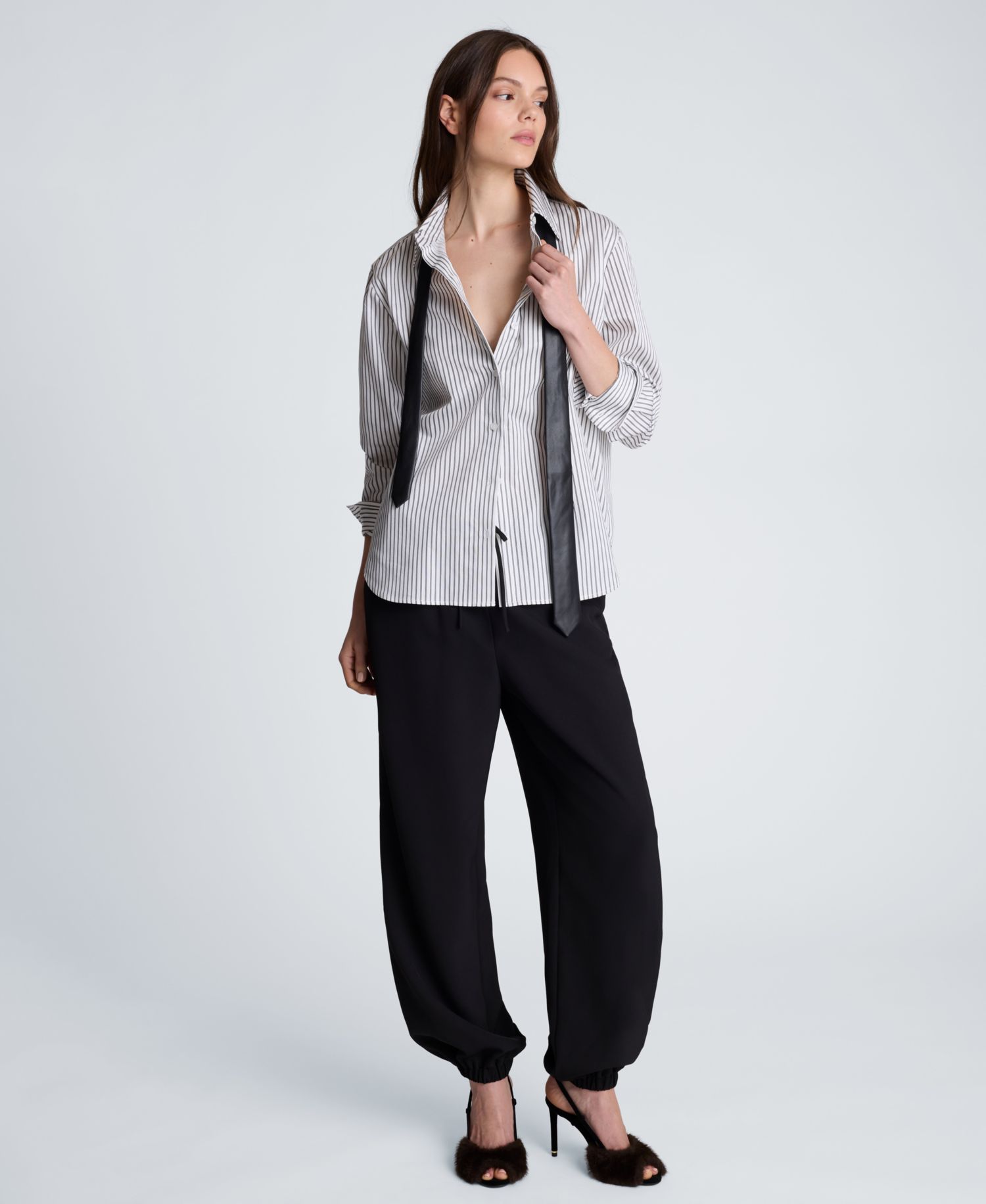 Women's Pinstripe Button Down Shirt with Faux Leather Tie