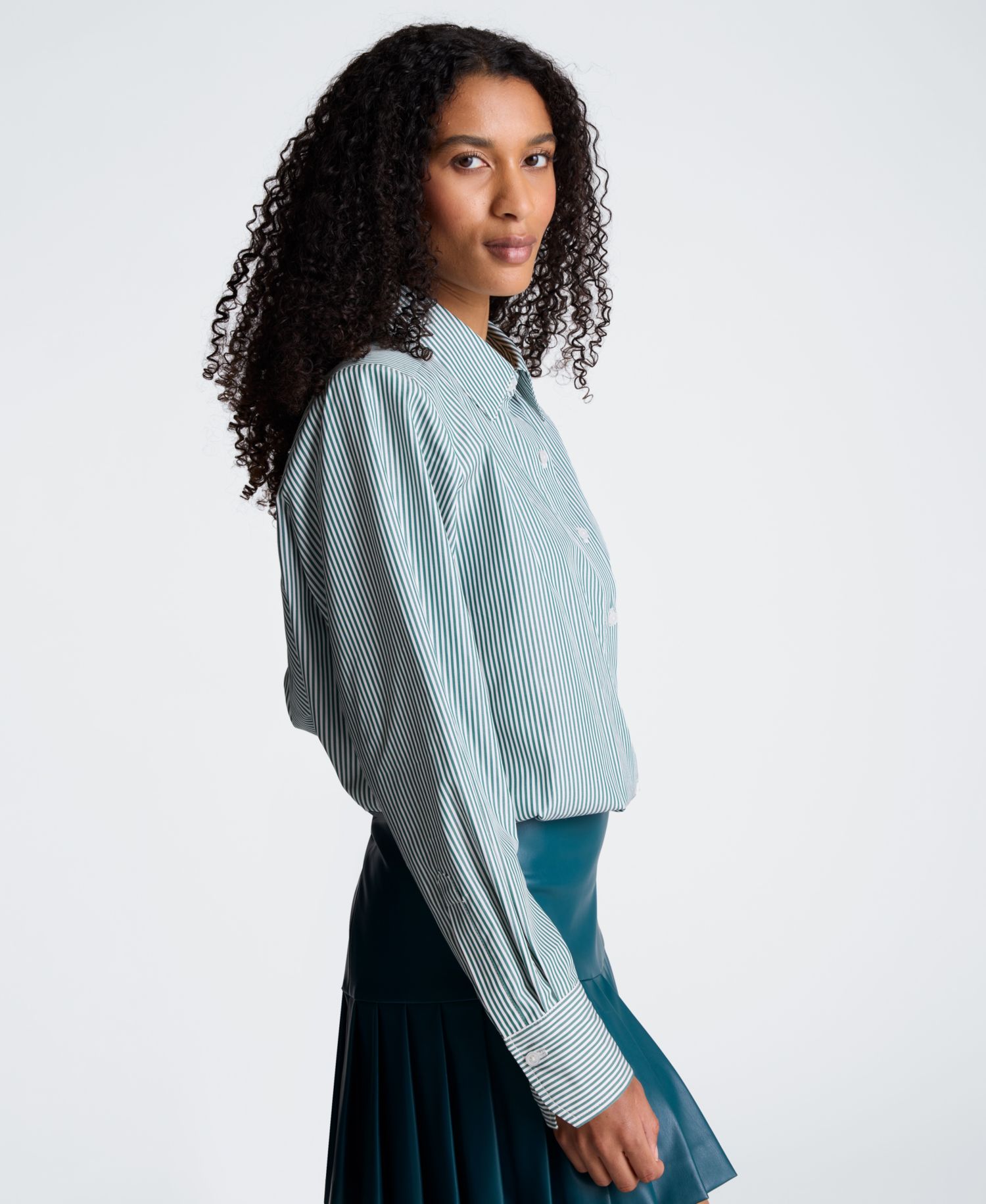 Women's Striped Shoulder Pads Button-Down Crop Shirt