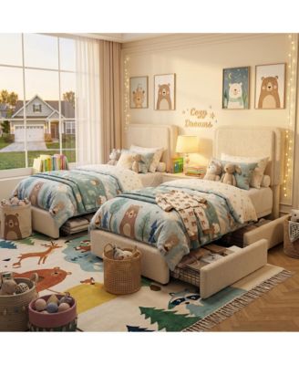 2 Pieces Twin Teddy Fleece Bed Frame, Upholstered Platform Bed with 2 Storage Drawers, Adjustable Headboard for Kids Teens, No Box Spring need