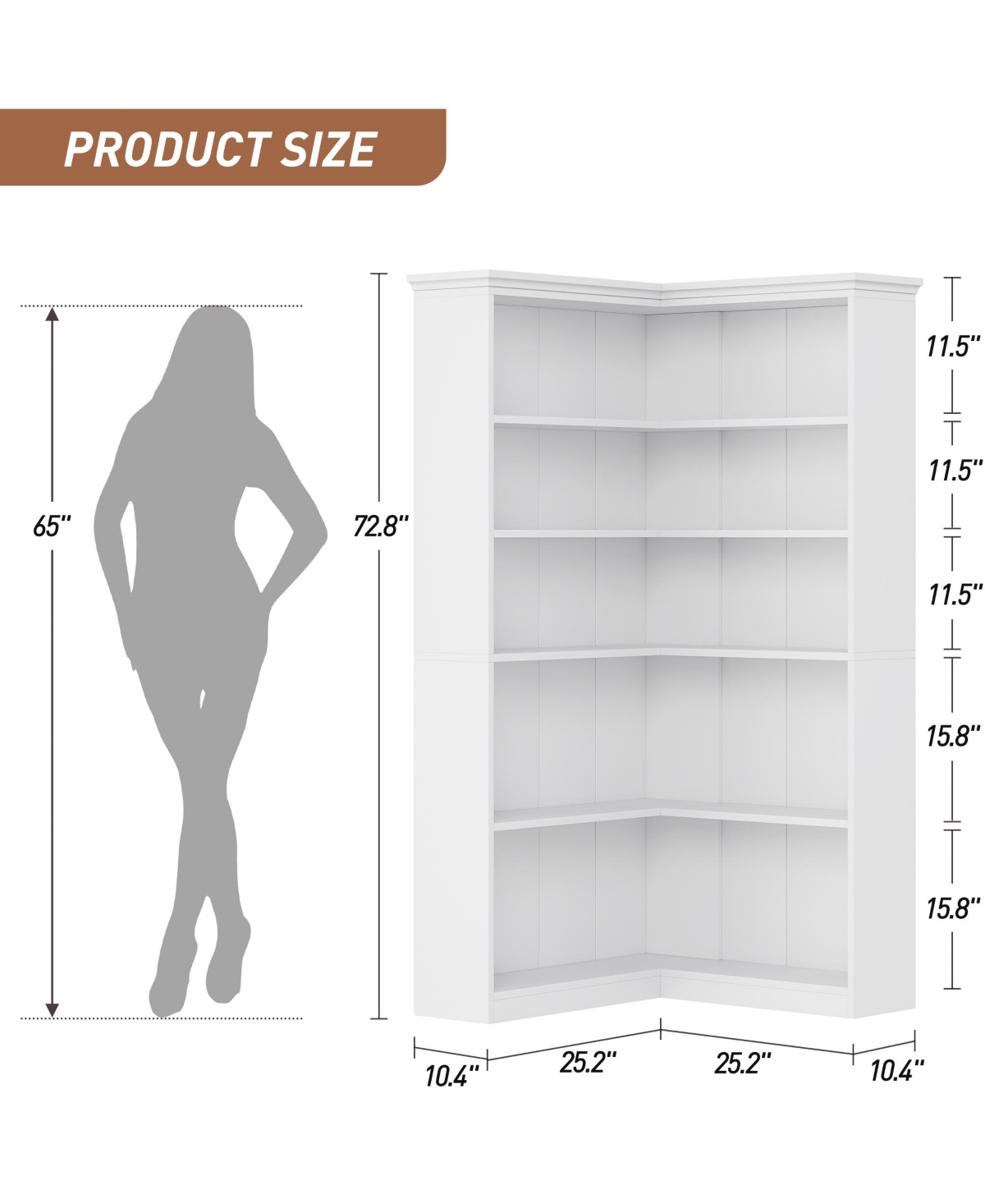 homfan 72" Corner Bookshelf 5 Tier Tall Wooden Farmhouse Bookcase, L Shaped Rustic Shelves for Living Room Bedroom Office, Anti-Tip Design
