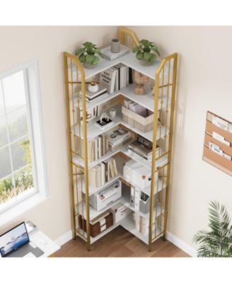 7-Tier Corner Bookshelf 86" L-Shaped Wood and Metal Display Shelf, Industrial Storage Etagere for Living Room or Office