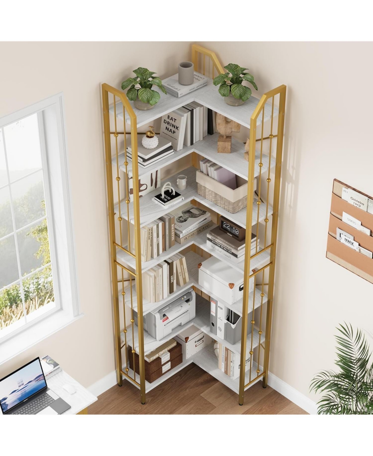 homfan 7-Tier Corner Bookshelf 86" L-Shaped Wood and Metal Display Shelf, Industrial Storage Etagere for Living Room or Office