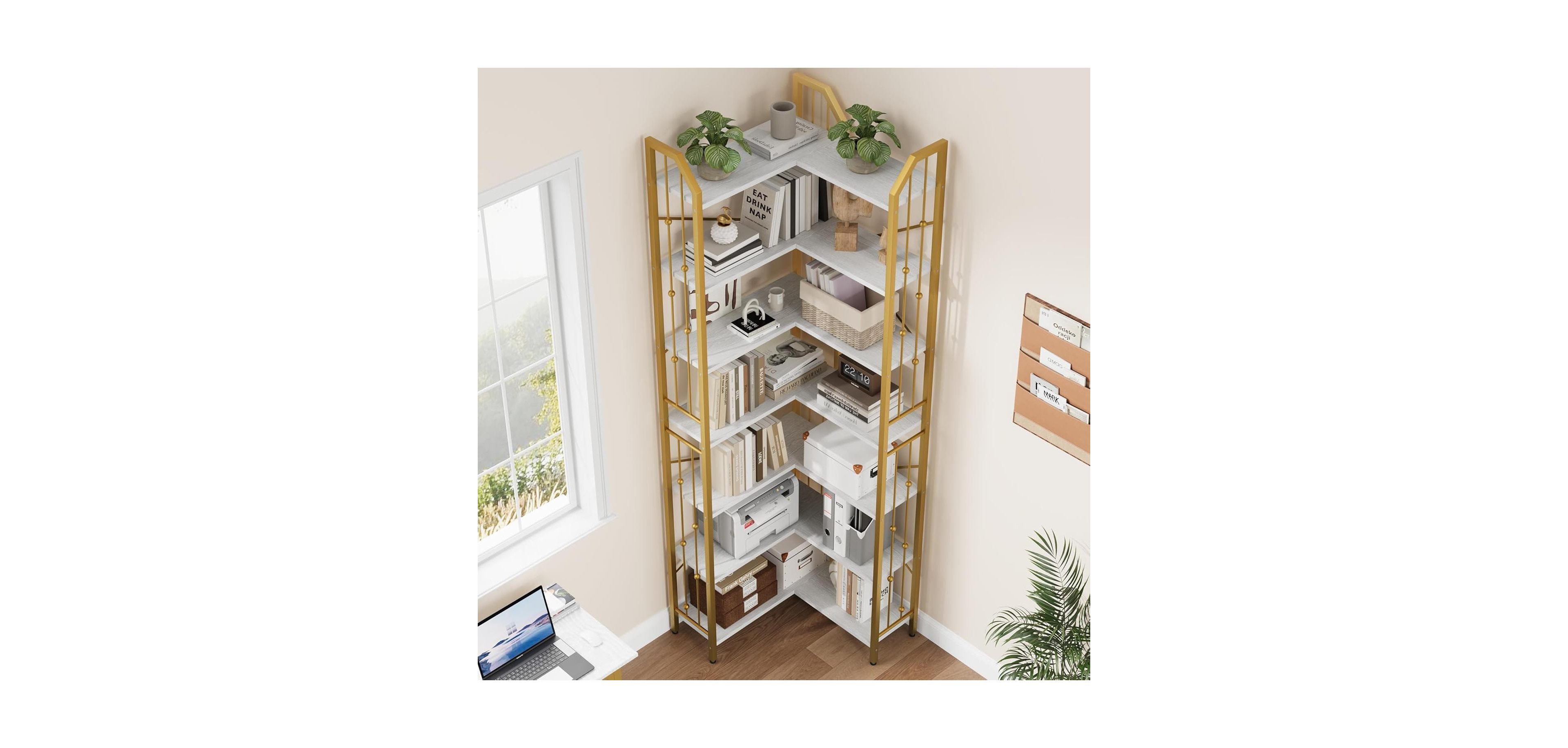 homfan 7-Tier Corner Bookshelf 86" L-Shaped Wood and Metal Display Shelf, Industrial Storage Etagere for Living Room or Office
