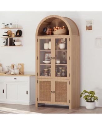 71-Inch Arched Bookcase with Glass Doors and Rattan Accent, 6-Tier Display Cabinet, Adjustable Shelves