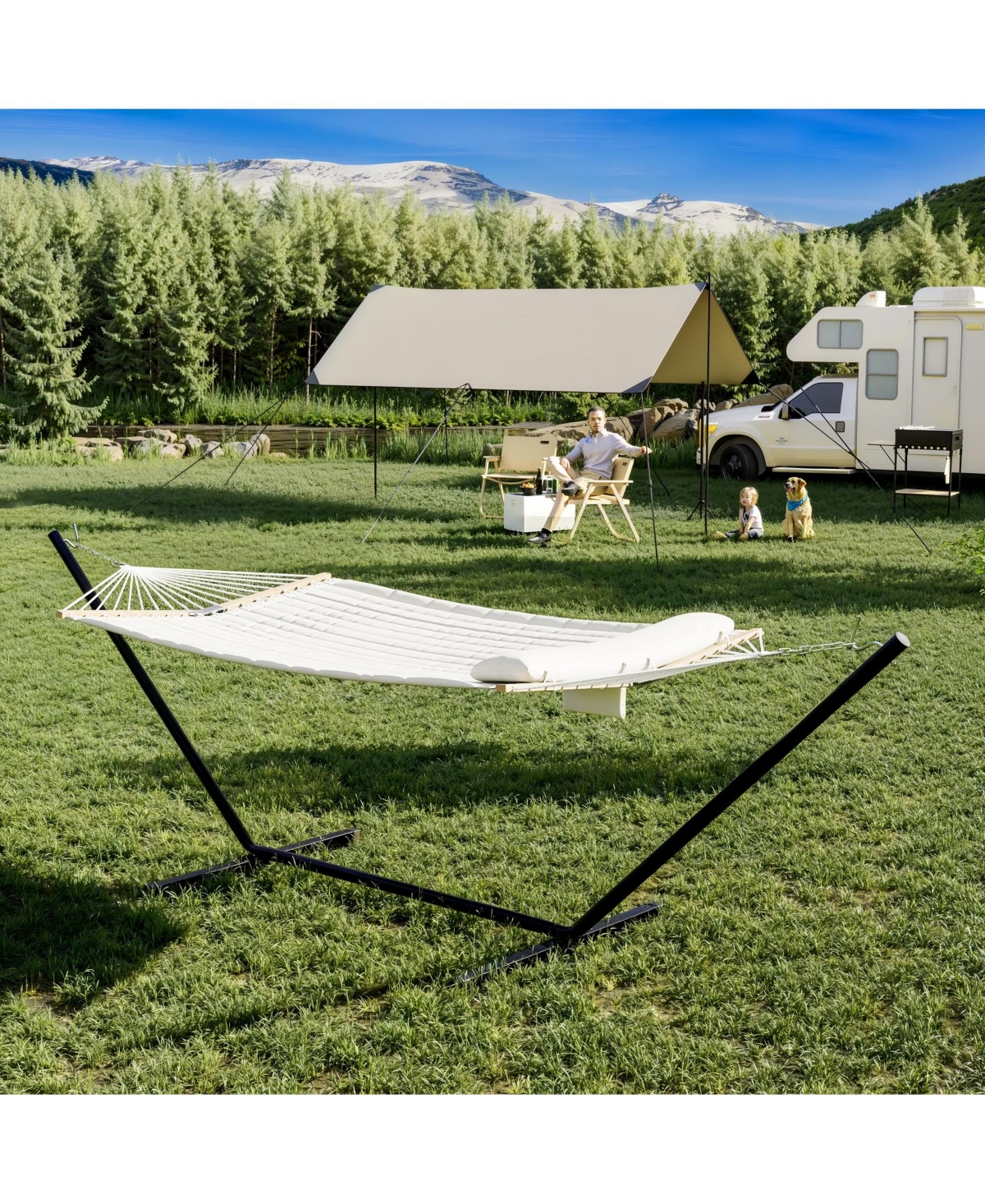 homfan 2-Person Hammock with Stand - 450LBS, Padded Polyester, Steel Frame and Carry Bag for Patio, Backyard or Poolside