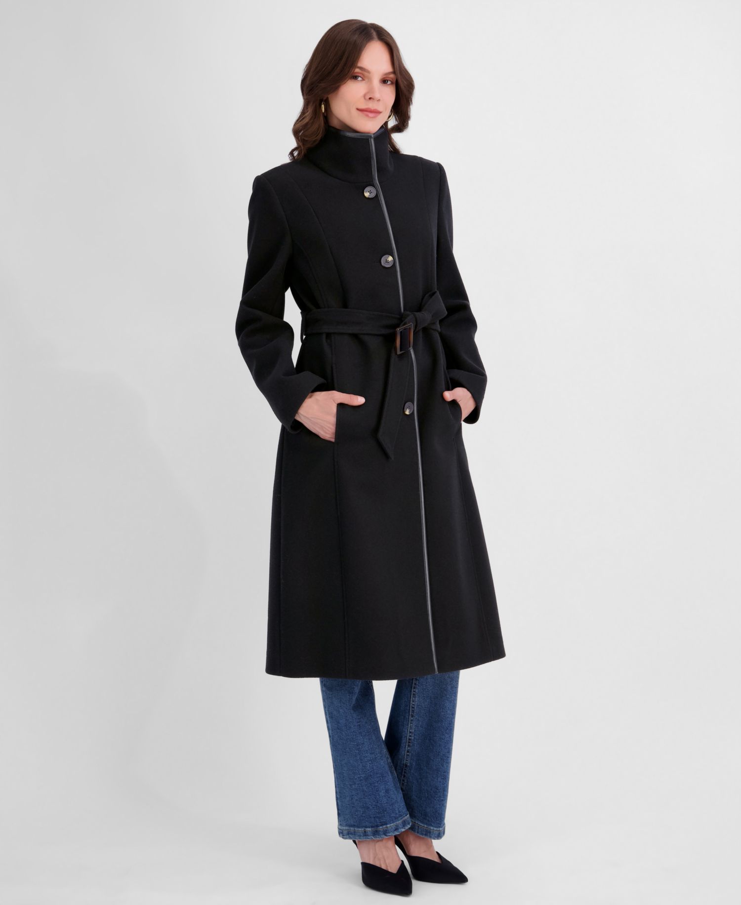 Women's Belted Faux-Leather Trimmed Funnel Neck Coat