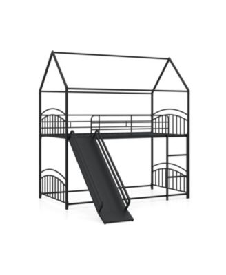 House Bunk Bed Twin Over Twin with Metal Slats and Sturdy Frame Design