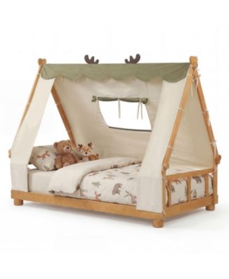 Wood Twin Floor Bed House Frame with Kids Tent Canopy Style Bed