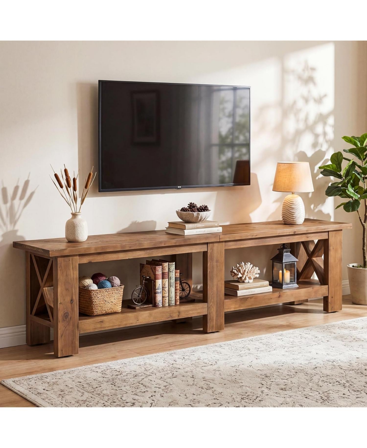 Tribesigns 70.87" Solid Wood Tv Stand for TVs up to 80", Farmhouse Long Entertainment Center with Storage Shelves, Media Wooden Television Stand