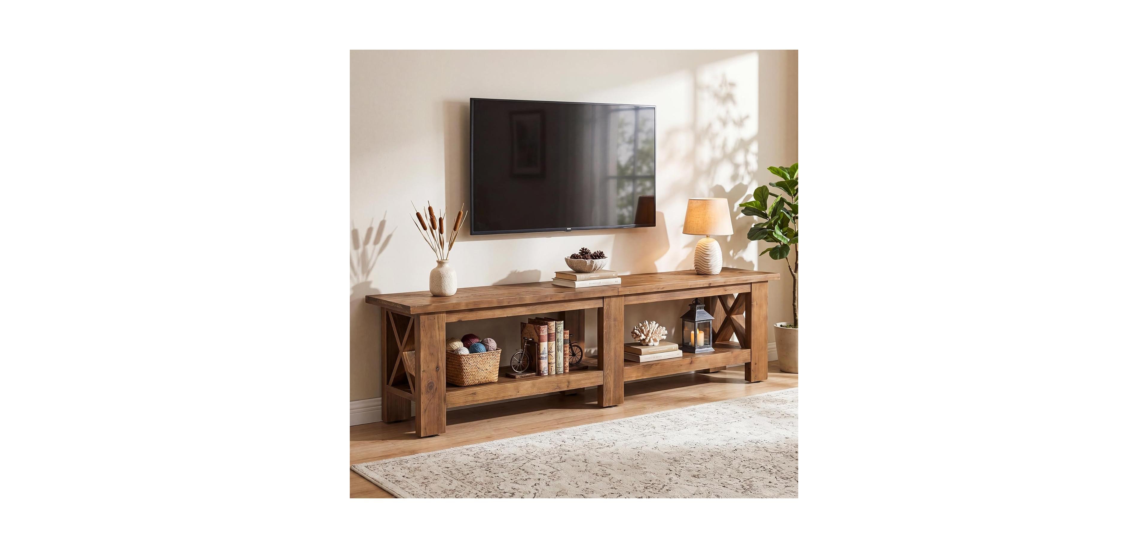 Tribesigns 70.87" Solid Wood Tv Stand for TVs up to 80", Farmhouse Long Entertainment Center with Storage Shelves, Media Wooden Television Stand