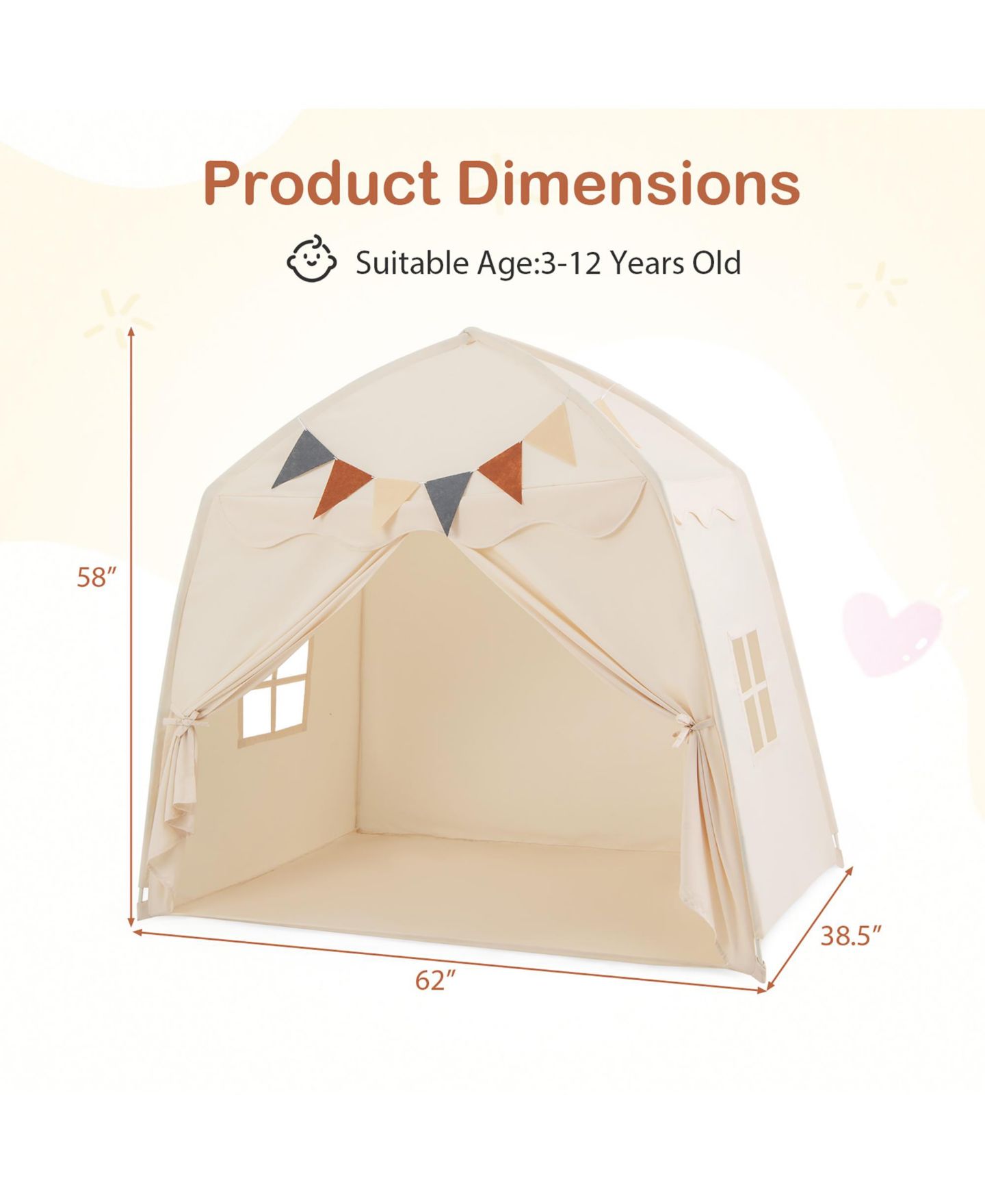 Детская игрушка Gymax Kids Play Tent With Globe String Lights and Flags, Ages 3-12, цвет: Светлый бежевый — фото 3