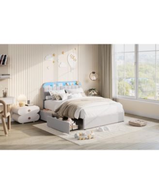 Bed Frame with 2 Flexible Drawers, Velvet Upholstered Platform Bed Frame with Bookcase Headboard and LED Lights, Easy Assembly, Noise Free