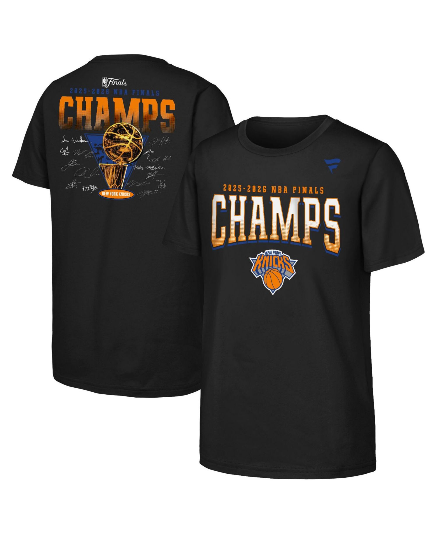Big Boys and Girls Black New York Knicks 2026 NBA Finals Champions Trophy Signature Roster T-Shirt
