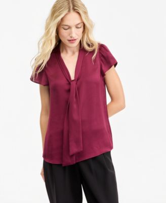 Women's Satin Tie-Neck Flutter-Sleeve Short-Sleeve Blouse