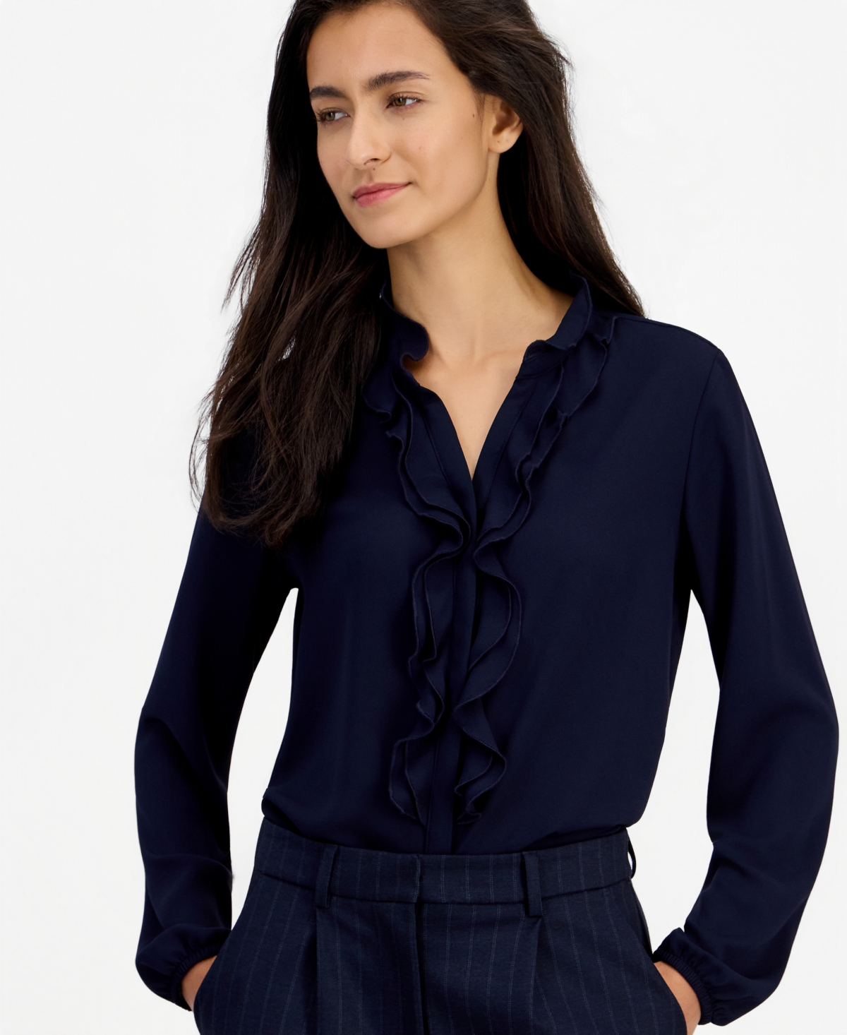 Bar Iii Women's Ruffle-Front Long-Sleeve V-Neck Blouse, Macy's Exclusive