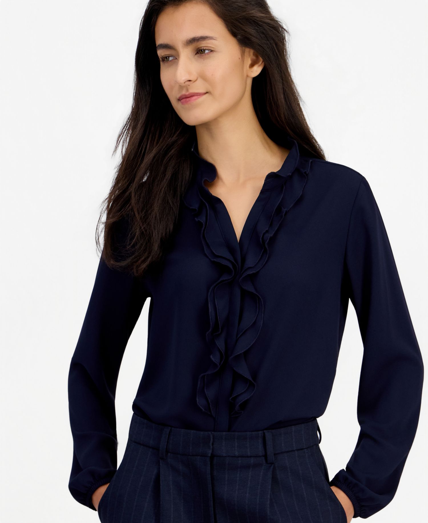 Women's Ruffle-Front Long-Sleeve V-Neck Blouse