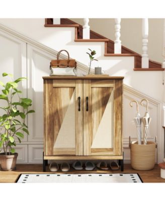 5-Tier Farmhouse Shoe Cabinet with Woven Rattan Doors, Removable Shelves for Closet