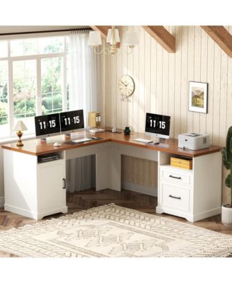 Corner L-Shape Desk with Charging Station and File Cabinet