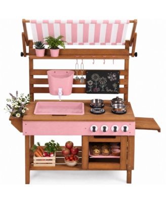 Deluxe Wooden Outdoor Mud Kitchen for Kids with Canopy, Water Tank, Faucet and 11pc Accessories