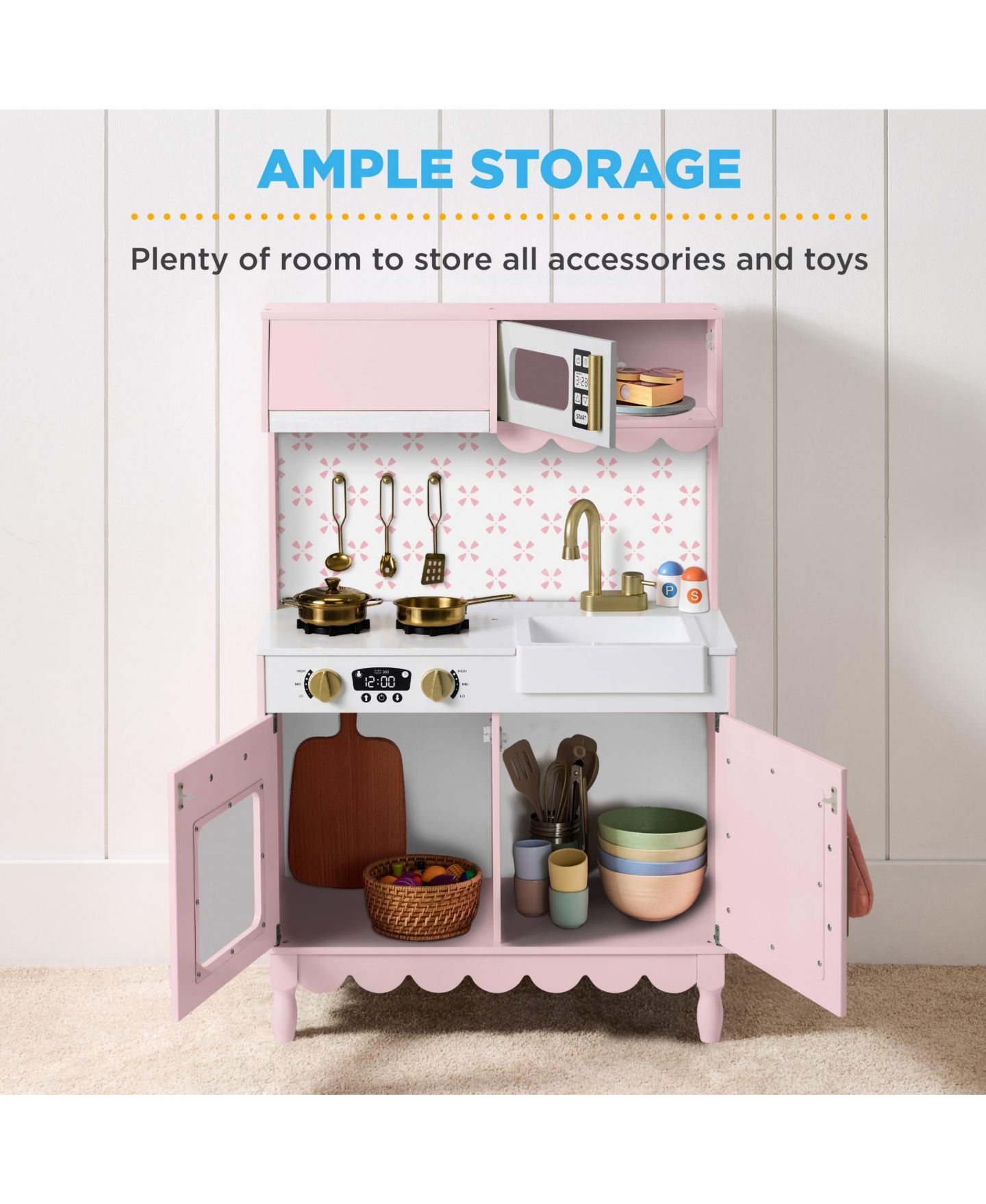Детский игровой набор Best Choice Products Wooden Kitchen Playset with Storage, 5-Piece, Ages 3+, цвет: Пудровый розовый — фото 3